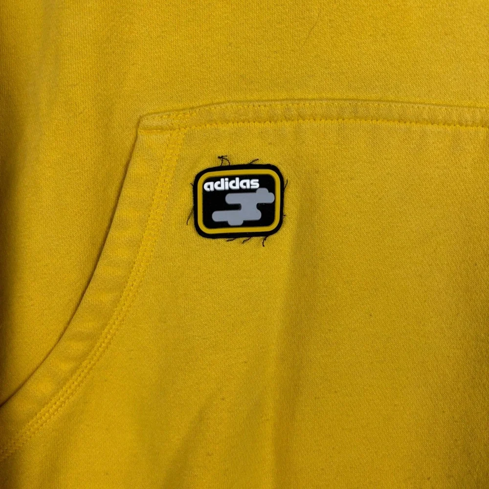 Vintage Adidas Yellow Pullover Hoodie Mens Medium 3 Stripe Hood Sleeve Graphic